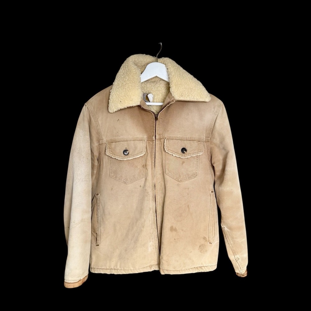 Vintage 70's Carhartt Shearling Collar Canvas Jacket Pockets Khaki Sz 40‎